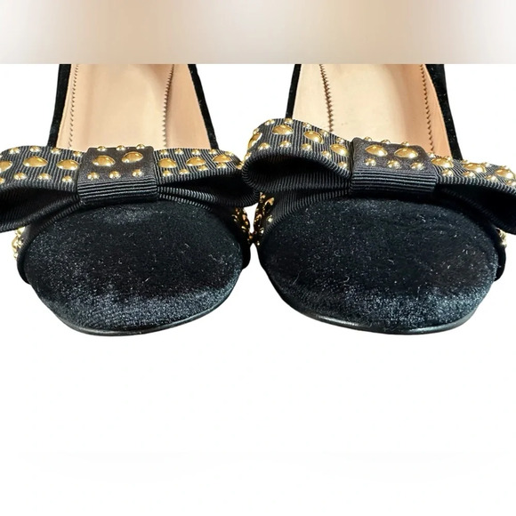 J. Crew Plush Velvet Gold-Studded Bow Rounded Toe Block Heels - Picture 4 of 7